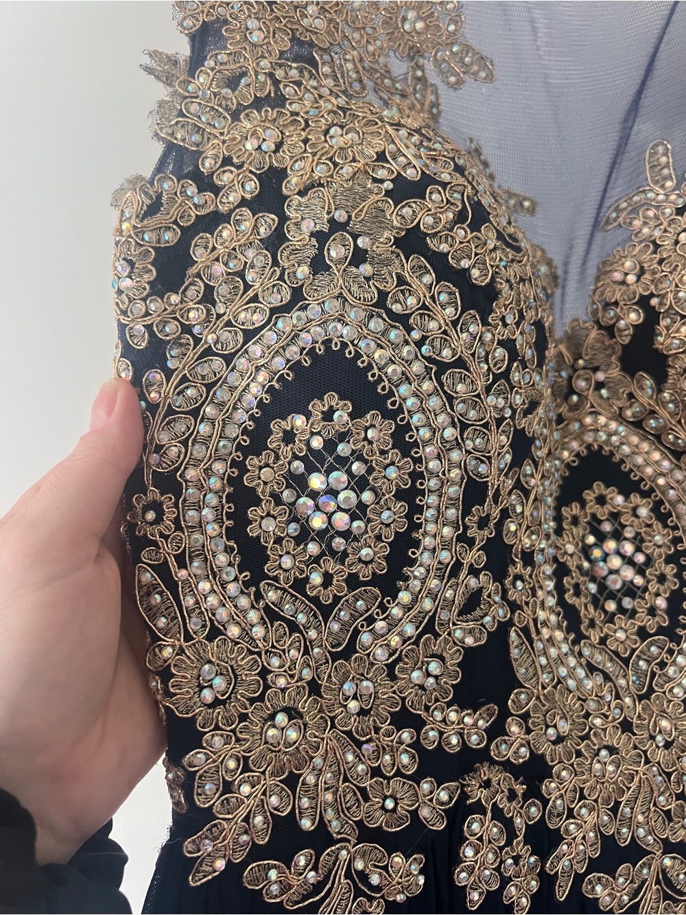 Jovani Navy Gown with Gold/silver Beaded Bodice - Picture 3 of 9